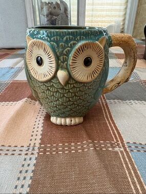 Ceramic Owl Coffee Mug - Teal Green & Brown